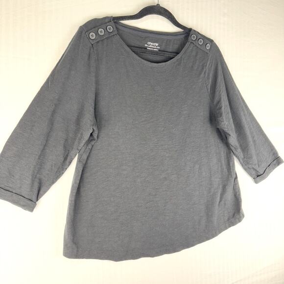 Chico’s Black The Ultimate Tee 3/4 Sleeve Button Shoulder Detail Size 2 US Large - Picture 1 of 7